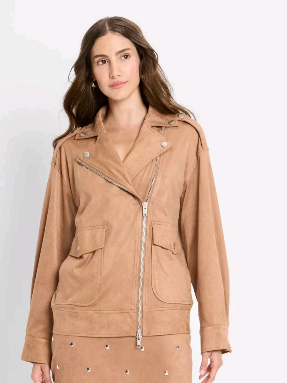 Future Collective Women's Woven Suede Moto Jacket - Camel Medium